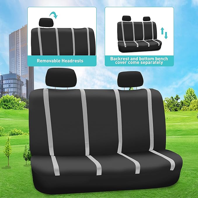 FH Group Unique Flat Cloth Full Set Car Seat Covers w. Silicone Steering Wheel Cover- Universal Fit for Most Cars, Trucks, SUVs or Vans (Gray/Black)