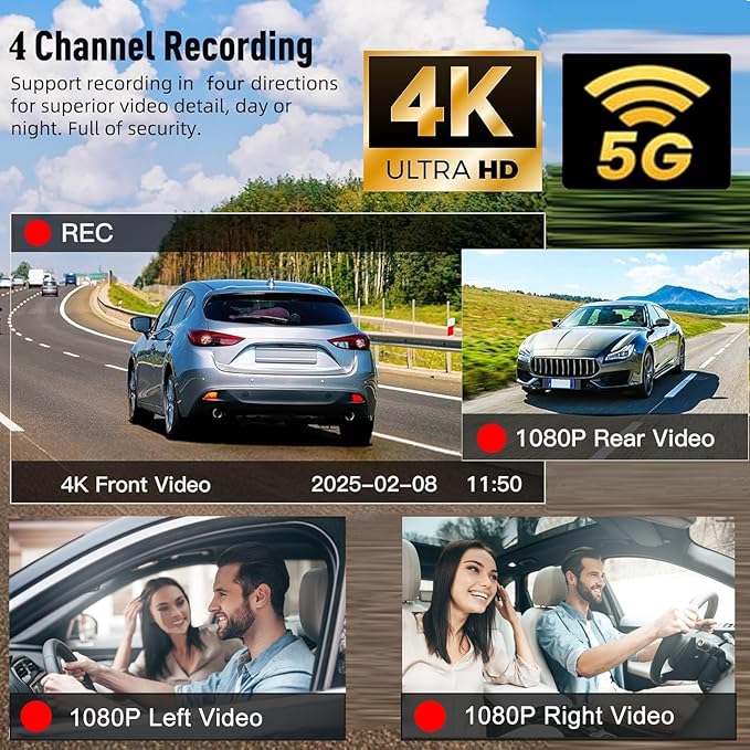 4 Channel 4K Dash Cam Front and Rear Inside, 360° View 1080P Dash Camera for Cars, Super Night Vision, Gravity Sensor, Loop R