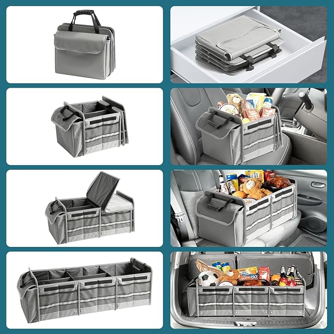 Car Trunk Organizer,115L Heavy Duty Collapsible Trunk Storage, with Insulated Leakproof Cooler Bag Vehicle Cargo Organizer with
