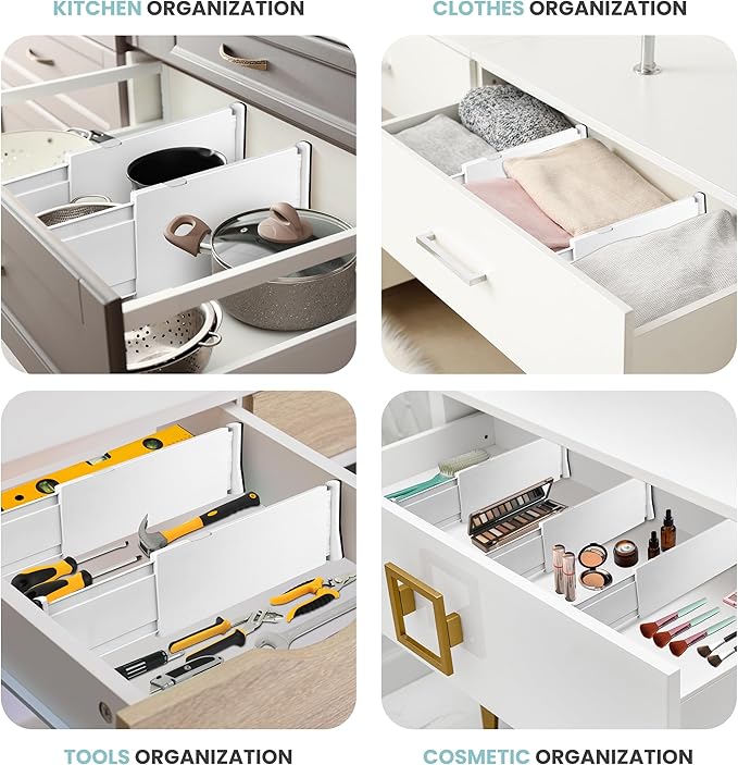 RAPTUROUS Adjustable Drawer Dividers, 8" Tall, Expandable 13.35-22", 4-Pack, Non-Slip for Deep Drawers in Kitchen, Bedroom, a