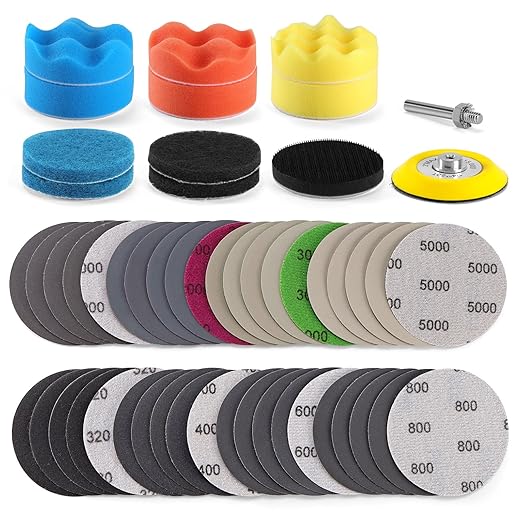 POLIWELL Car Headlight Restoration Kit, 3 Inch Car Polishing Sanding Discs Kit, 3 in Sandpaper Grit 320-5000 Headlights Sanding Sheets with 1/4” Shank Backing, Buffing Sponge Pads for Drill, 52 PCS