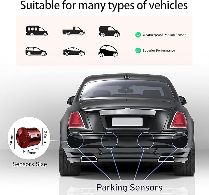 Wireless Parking Sensor, Reverse Radar System with 4 Car Backup Sensors, Wireless LED Distance Display with Sound Warning + 4 Flit Red Color Car Parking Sensor for Auto Vans RV Trailer