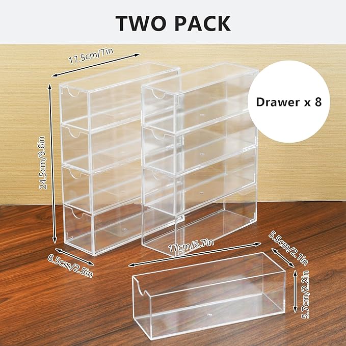 2 Pack Desktop Organizers of 8 Storage Drawers, Clear Acrylic Glasses Storage Drawers Organizer Office Desk Organizer for Van