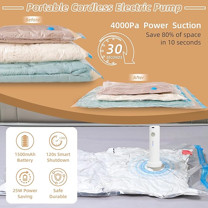 Travel Vacuum Bags with Rechargeable Pump,12 Pack Vacuum Storage Seal Bags for Clothing Suitcase Backpack, Space Saver Compre