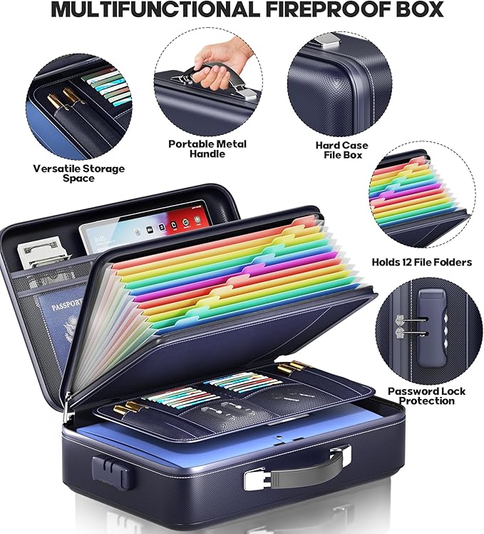 Fireproof Document Box, Hard Case Highly Flame-Resistant Fire Proof Waterproof File Organizer with Lock, Portable Fire Safe f