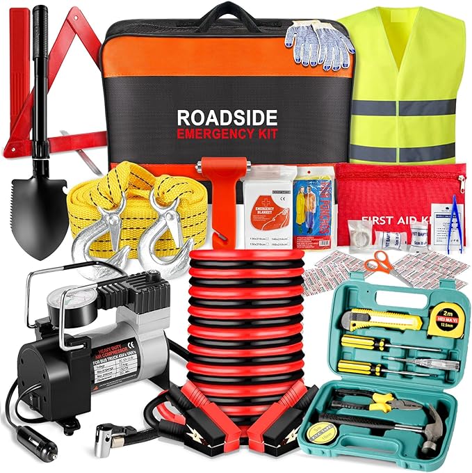 Car Emergency Kit with Air Compressor,Roadside Emergency Car Kit for Vehicles Auto Truck with Jumper Cables,Winter Car Safety