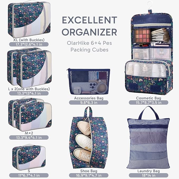 10 Set Packing Cubes for Travel, Gifts for Women Mom,Anti-Tearing Suitcase Organizer for Luggage with Shoe & Hanging Toiletry