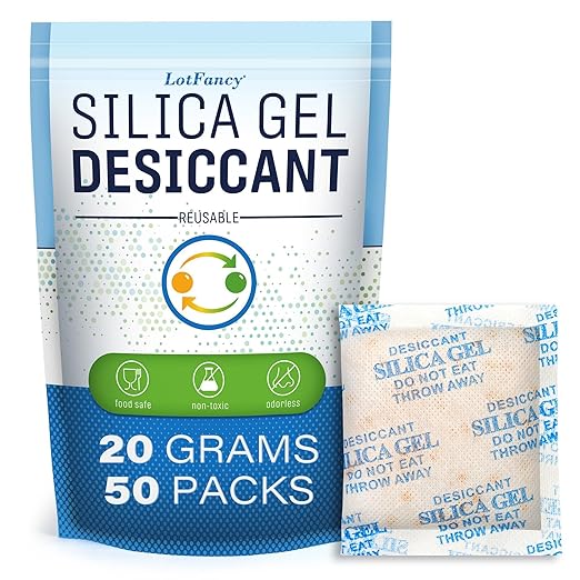 LotFancy Silica Gel Packets 20 Gram 50 Pack, Color Indicating Rechargeable Desiccant Packs, Moisture Absorber for Gun Safe, E