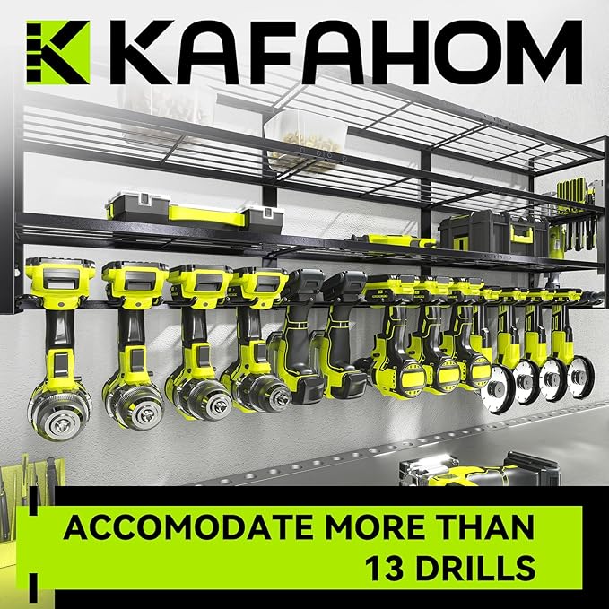 KAFAHOM Large Power Tool Organizer Wall Mount-13 Drill Holder for Garage,4 Layer Power Tool Rack,Tool Organizer and Storage w