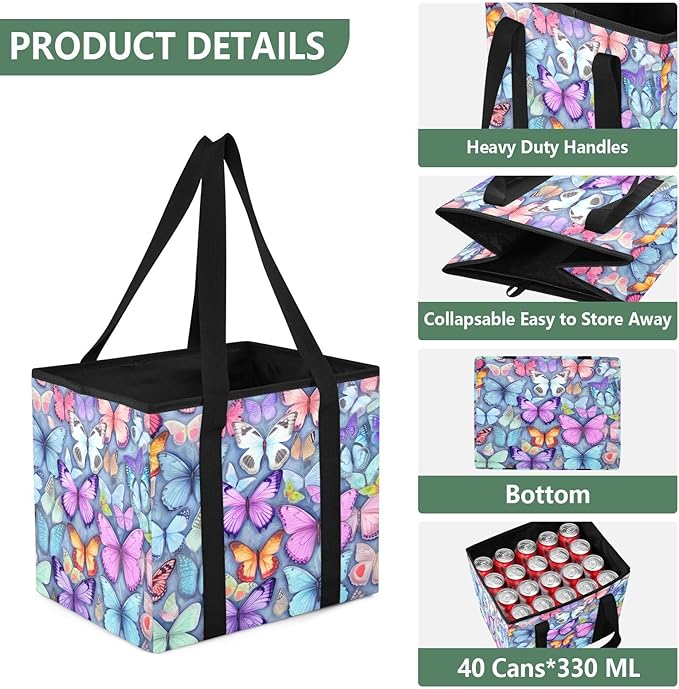 Colorful Butterflies Reusable Grocery Bags Large Shopping Tote Bag with Reinforced Bottom Board, Water Resistant Foldable Sto