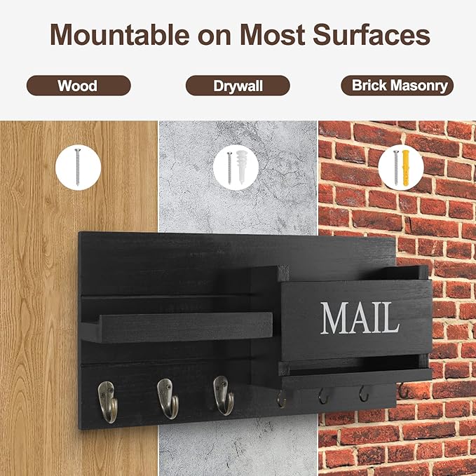 Lwenki Mail Organizer for Wall Mount – Key Holder with Shelf Includes Letter Holder and Hooks for Hallway Farmhouse Decor – R