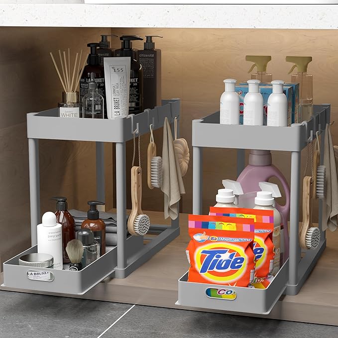 2PC Under Sink Organizer Rack 2 Tier Under Sliding Cabinet Basket Organizer Drawer with 4 Hooks, Multi-purpose Under Sink Sto