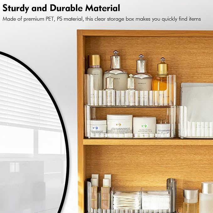Poeland 2 Pack Stackable Makeup Organizer Tray, Transparent Cosmetic Display Case with 2 Lipstick Cases and 2 Cotton Swab Pad