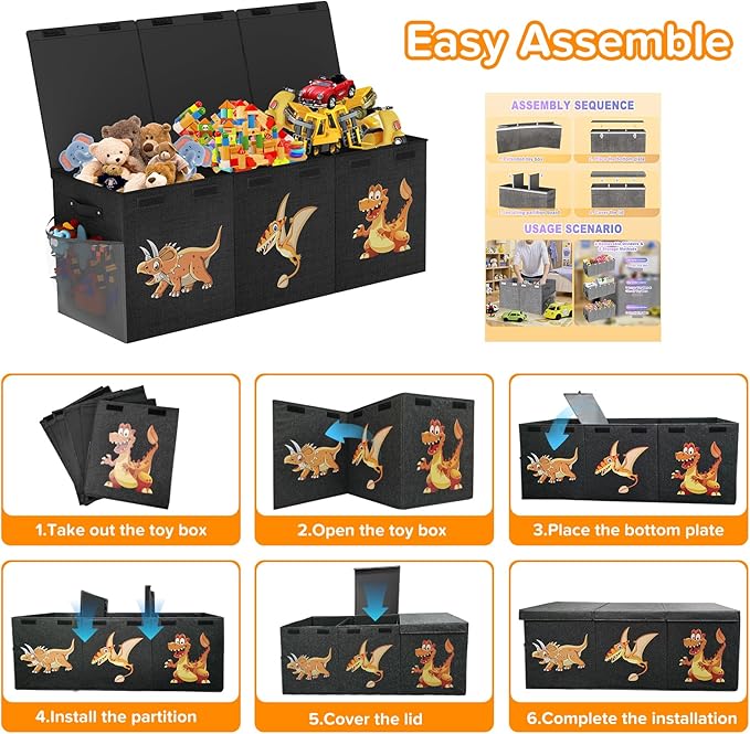 Extra Large Toy Box Chest, Collapsible Sturdy Toy Storage Organizer Boxes Bins Baskets Dinosaur Kids Toy Chest Bin with Lids 