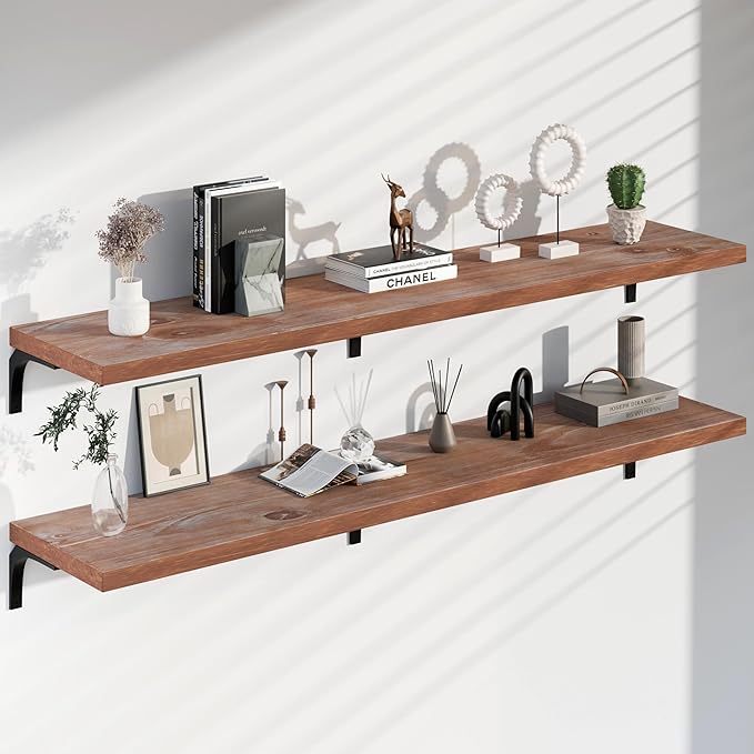 12 Inch Deep Floating Shelves Set of 2, 72 Inch Extra Wide Brown Solid Wood Wall Shelves, 6ft Heavy Duty Farmhouse Wall Mount