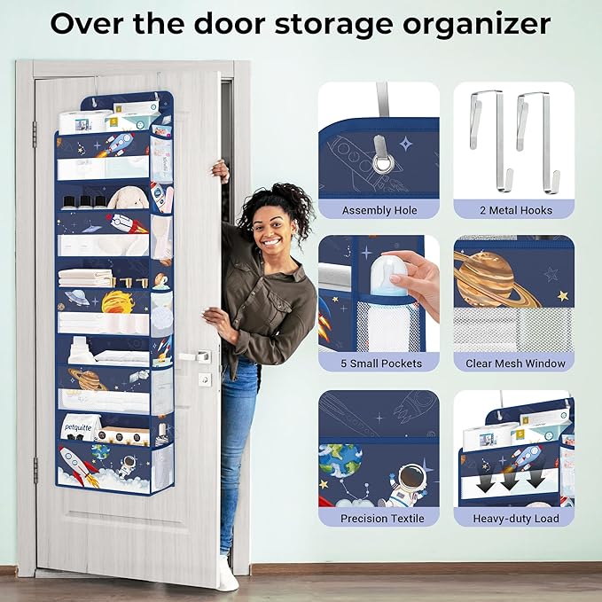 Clastyle Blue Space Over The Door Organizer Storage Planet Rocket 5 Shelves Closet Nursery Hanging Shelves Clothes Diaper Stu
