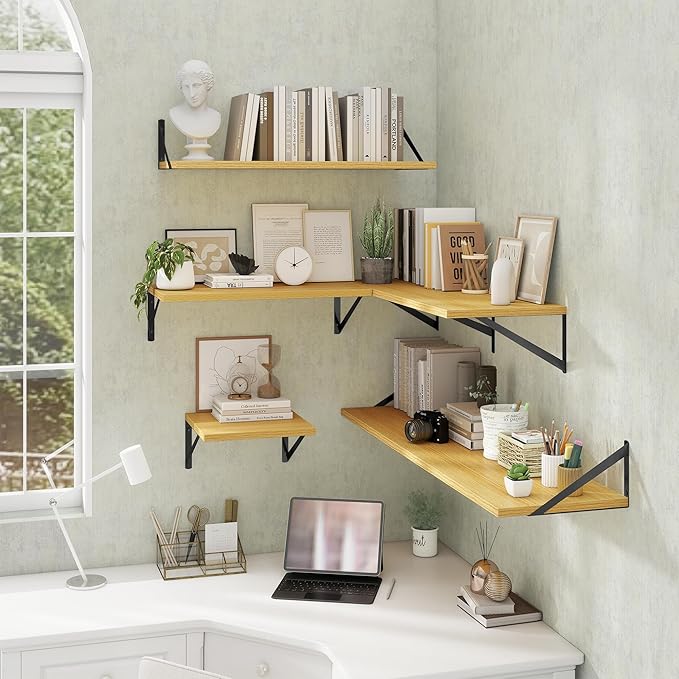 Deep Floating Shelves Wall Mounted, 12"x12" Oak Wall Shelves with Brackets Set of 2 for Bedroom, Living Room, Bathroom, Kitch