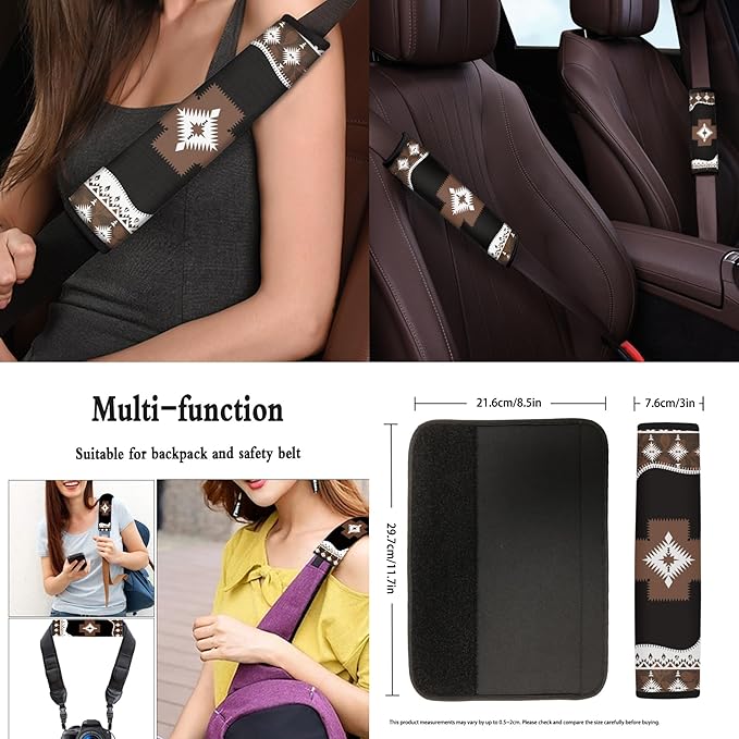 13 Pack Automobile Interior Sets Car Seat Cover Set with Steering Wheel Seat Belt Strap Cover Armrest Pad Southwest Aztec Tribal Coasters Keychain Chapstick Holder Universal Fit SUV Sedan