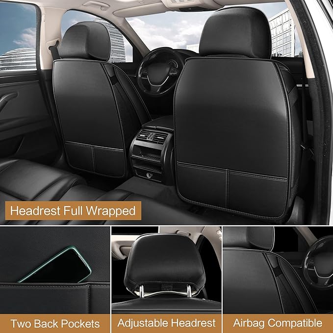 Leather Car Seat Covers Front Pair, Waterproof Faux Leather Seat Covers for Cars, Non-Slip Car Interior Covers Universal Fit 