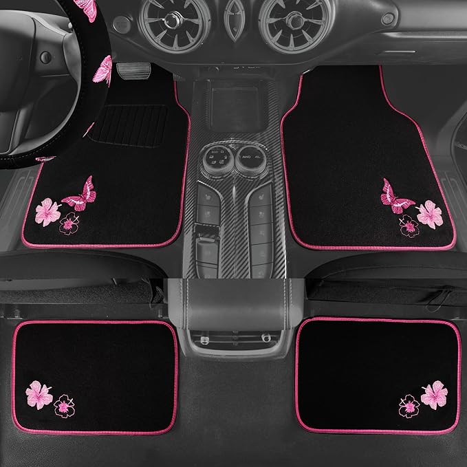 CAR PASS Embroidery Butterfly Steering Wheel Cover and Waterproof Car Floor Mats,Pink Car Mats 14.5-15inch Steering Wheel Cov