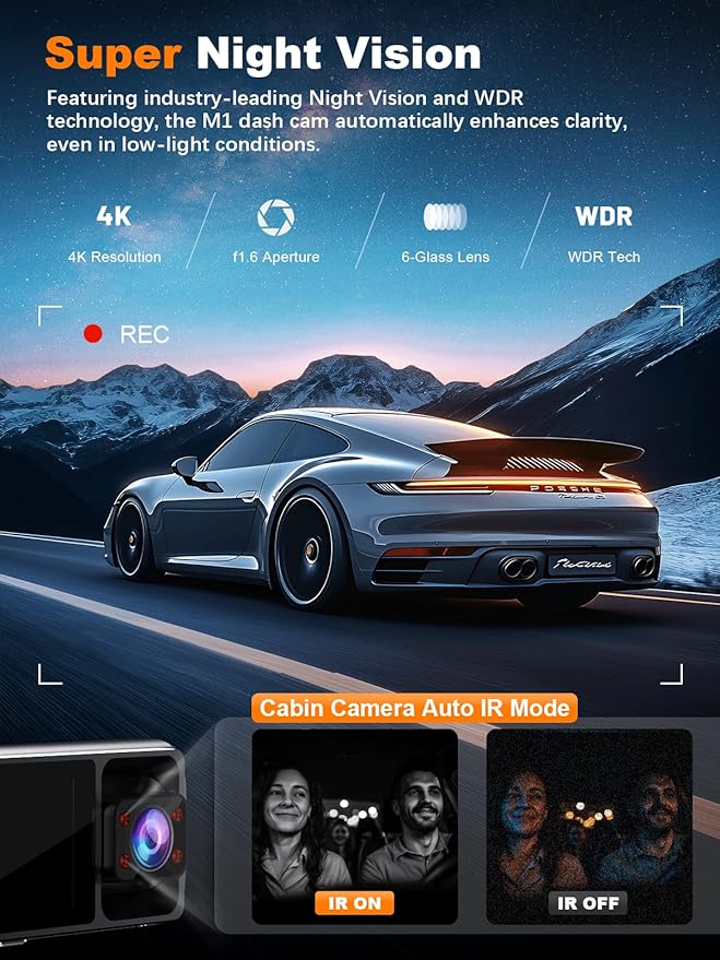4K 3 Channel Dash Cam Front and Rear Inside, Built-in 5.8GHz WiFi GPS, 64GB Card Included, 4K+1080P+1080P Dash Camera for Car