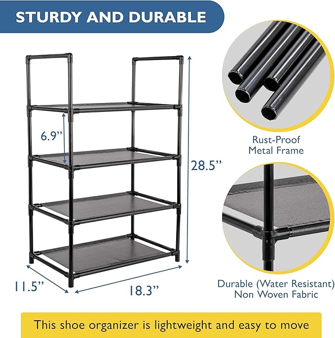Sundaze Shoe Rack - 4 Tier Shoe Rack for Closet, Sturdy Stackable Shoe Organizer for Closet, Bedroom, Entryway, Garage, Non W