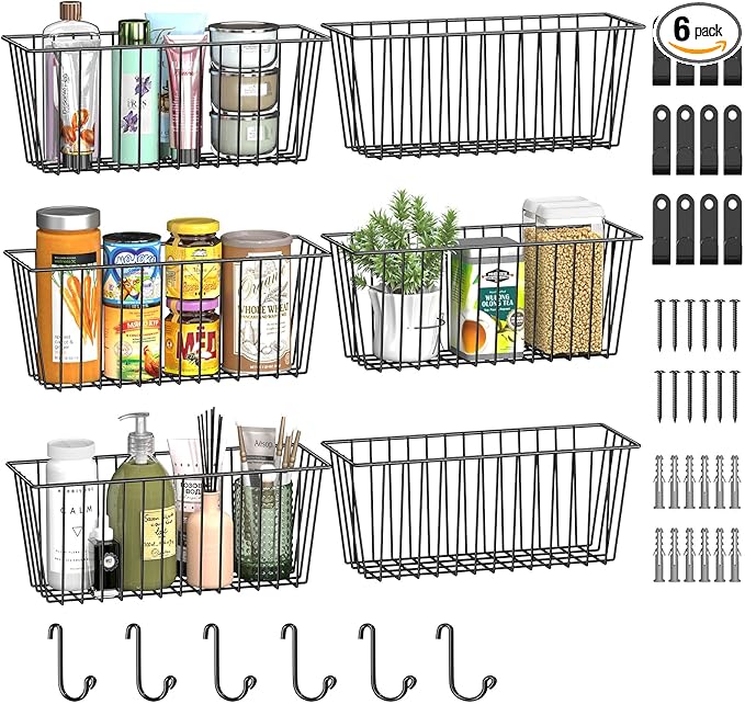 Simple Trending 6 Pack Wire Basket Wall Mount Baskets Hanging Baskets, Cabinets Organizer and Storage with Hooks for Kitchen,