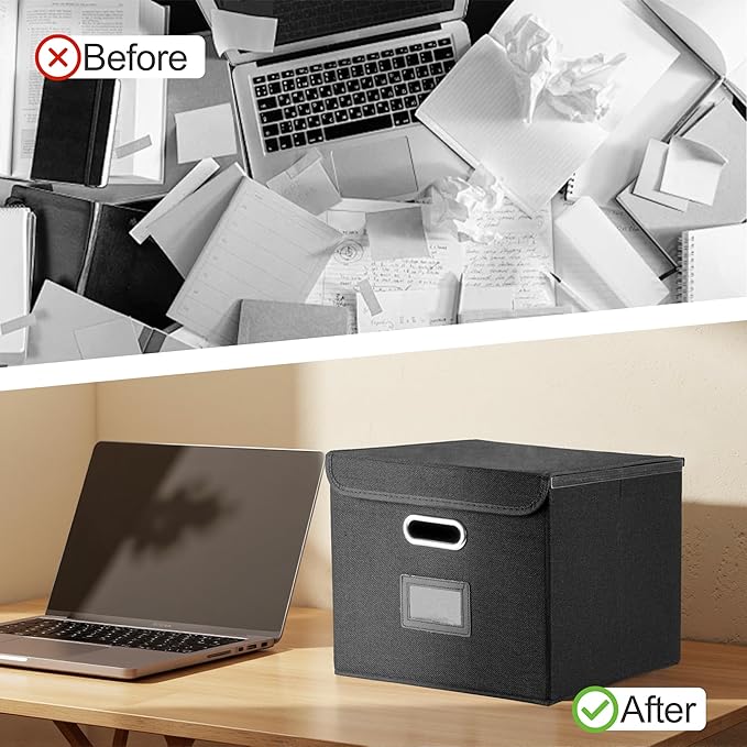 Hleelomi Collapsible File Box with Lid & Plastic Slide - Hanging Document Organizer for Office/Home, 14.96x12.6x10.83 Inch,De