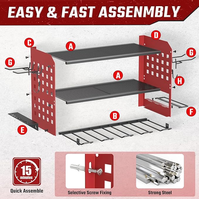 SUNALLY Power Tool Organizer, Heavy Duty Wall Mount Tool Organizer 3 Layers with 4 Drill Holders, Garage Tools Storage Rack w