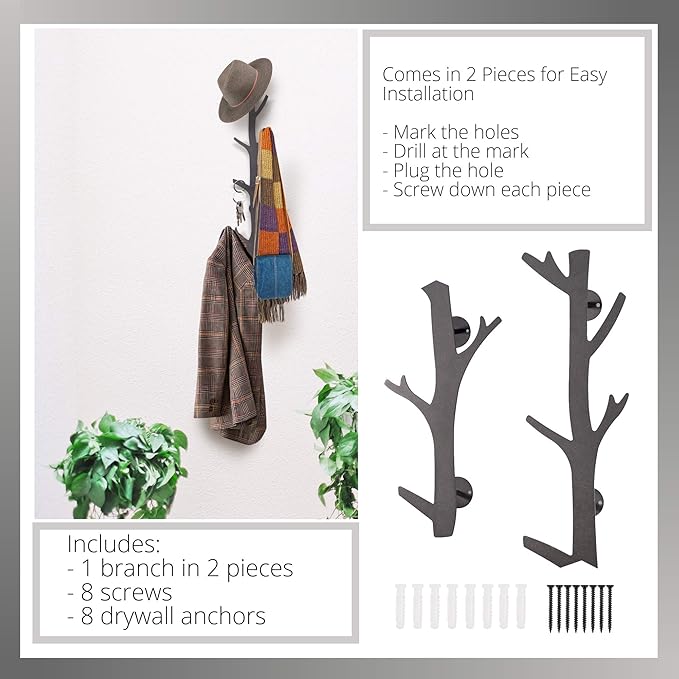 TERRA HOME Tree Branch Coat & Hat Rack Wall Mount with 8 Vertical Hooks for Caps, Coats, Purse & More Modern Storage Dog Leas