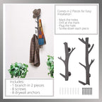 TERRA HOME Tree Branch Coat & Hat Rack Wall Mount with 8 Vertical Hooks for Caps, Coats, Purse & More Modern Storage Dog Leas