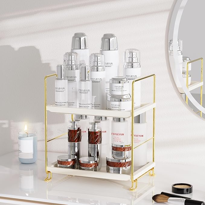FSyueyun 2-Tier Bathroom Countertop Organizer, Tool-Less Premium Plastic Makeup Organizer - Bathroom Tray for Perfume, Skinca