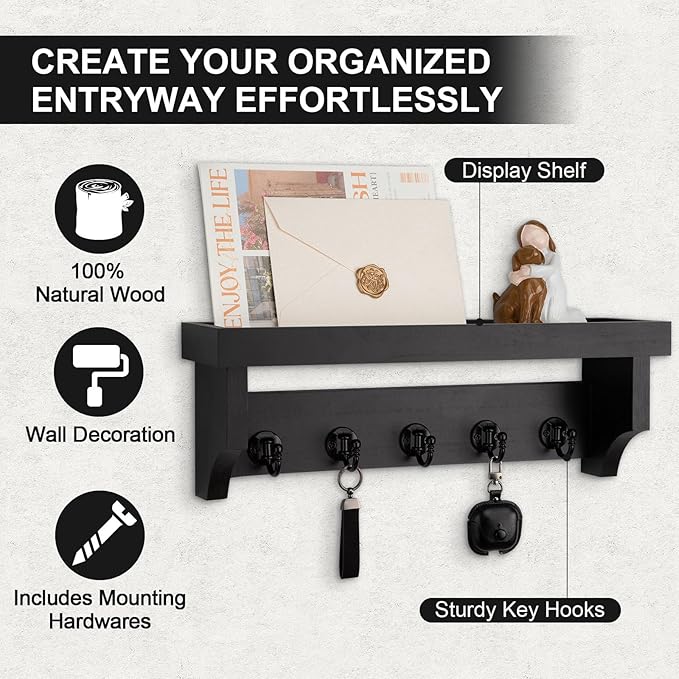 Key and Mail Holder Wall Mount, Key Holder with Shelf and Mail Organizer Wall Mount. Mail Holder with 5 Hooks for Coat, Dog L