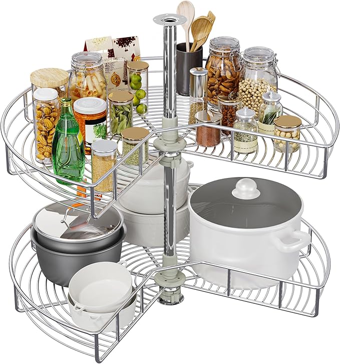 YITAHOME 31-Inch Kidney Shaped Chrome Pie Cut 2-Shelf Lazy Susan Corner Organizer for Kitchen Cabinet Blind Corner Storage wi