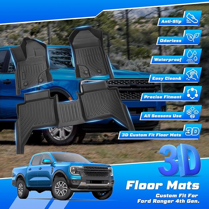Sunsdrew Floor Mats for 2019-2023 Ford Ranger SuperCrew Accessories, All Weather Car Mats 2 Rows Floor Liners TPE Rubber Raised Edge