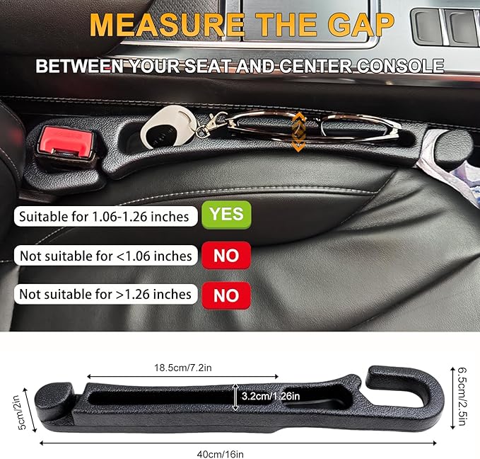 Car Seat Gap Filler Organizer 2 Pack with Hook & Emergency Window Breaker, 3-in-1 Safety Seat Gap Filler Prevents Phone Keys from Falling, Dual Storage, Includes 2 Sunglass Holders (Black)