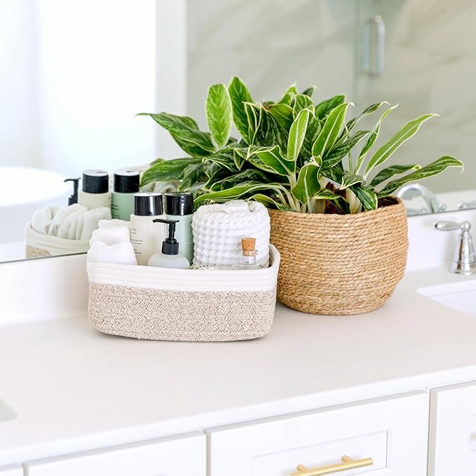 NaturalCozy 11.8"x8"x4.5” Storage Baskets for Shelves 3 Pack | Cotton Rope Woven Small Baskets for Organizing | Small Storage