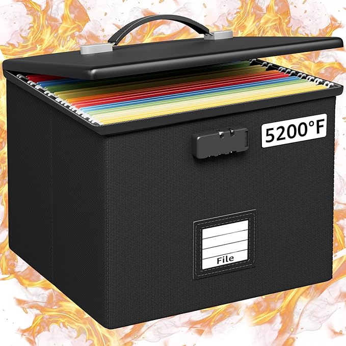 Fire Proof File Box for Documents - Portable Fireproof Document Organizer Box with Handle Waterproof Safe Locking Folder Stor