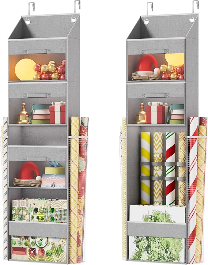 Light Grey Over Door Wrapping Paper Organizer Storage with 3 Removable Drawers & Side Pockets –Dual Use Design with Elastic S