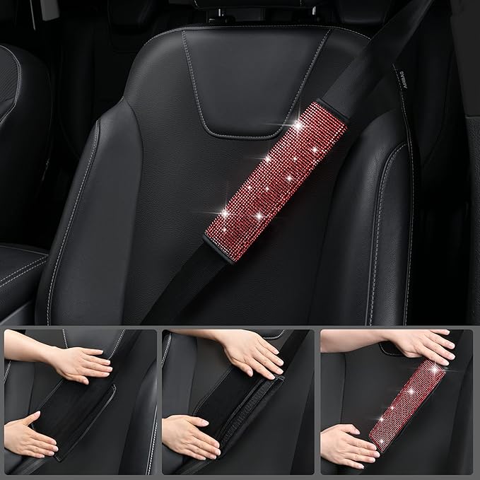 CAR PASS 23 PCS Bling Diamond Car Accessories Set for Women, Leather Car Seat Covers Full Set Sparkly Rhinestone15'' Steering Wheel Covers Shining Diamond Car Floor Mats Cute Car Interior Sets, Red