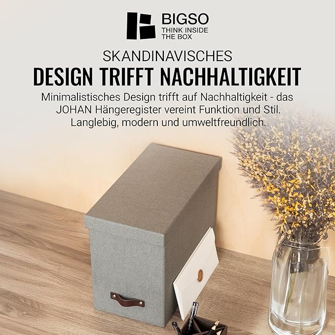 Bigso Box of Sweden File Organiser Storage with Stylish Leather Handle - Scandinavian Look Organiser Box Including 8 Hanging 