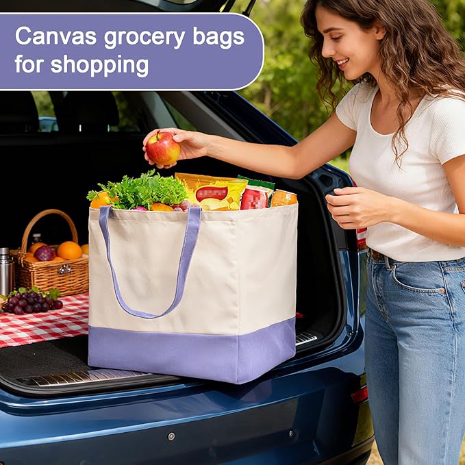 Reusable Grocery Bags Heavy Duty, 8.3 gal Foldable Large Canvas Tote Bag with Handles, Holds 60 lbs Canvas Shopping Bags, 1 Pack（Off White+Light purple）