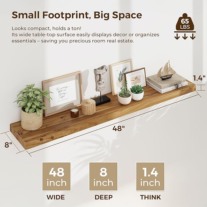 Rustic Wood Floating Shelves for Wall Decor, Elm Wood Shelves 48 Inch Long, 8 Inch Deep Floating Shelf with for Living Room B