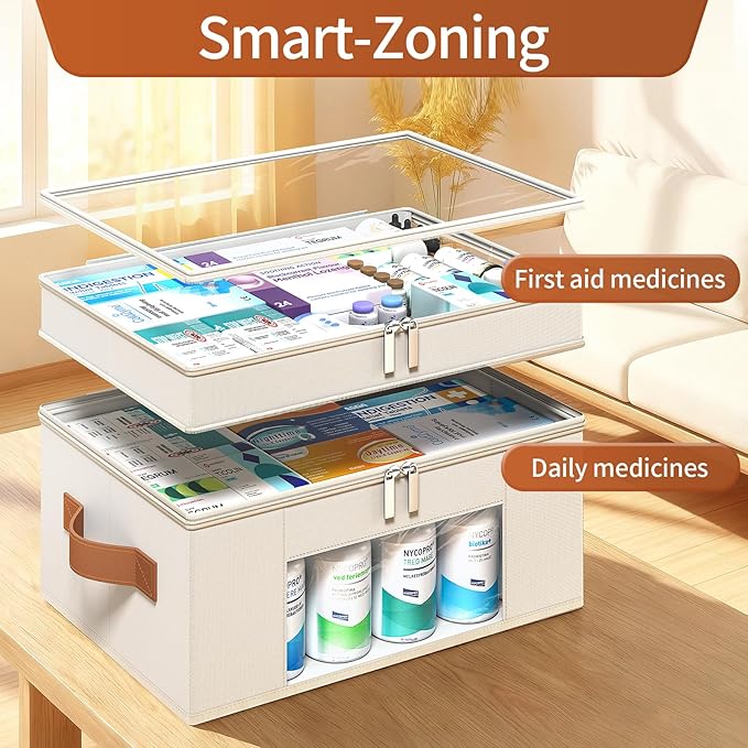 Medicine Organizer for Cabinet, 2-Tier Foldable Medicine Storage Box with Clear Cover and Leather Handle, Empty First Aid Kit