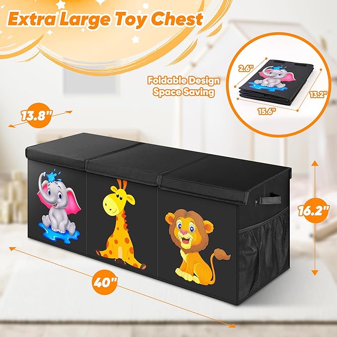 Mabahoo Extra Large Toy Box, Collapsible Storage Organizer with Lids, Cute Animals Toybox for Boys Girls, 40"x14"x16" Kids To