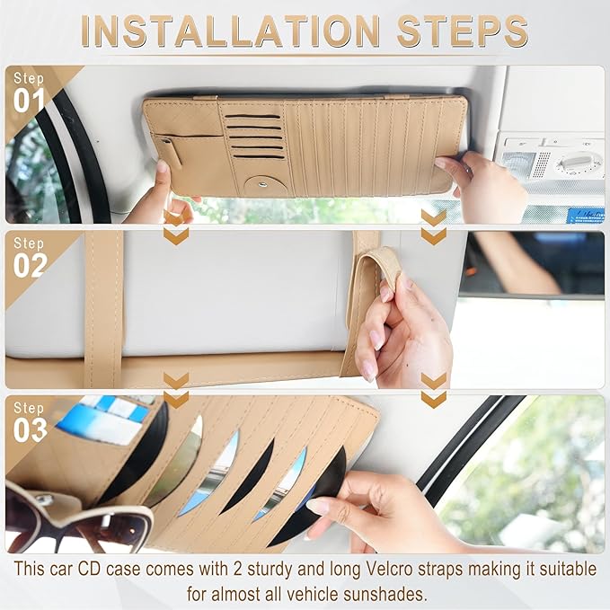 alpmosn Sun Visor CD Case Holder for Car - Multi-Function Visor Organizer with CD/DVD Storage, Eyeglass Clip, Card Slots & Pen Holder, Durable Leather Car Accessories (Beige)