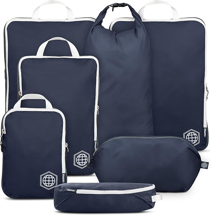 TRIPPED XL Compression Packing Cubes — 7-Piece Set for Checked Luggage | Extra-Large (15.7"×11"×4") + Large + Small + Tube + 