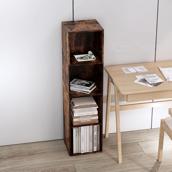 Cube Storage Organizer, 4 Cube Retro Bookshelf, Freestanding 4 Tier Open Shelf, Rustic Brown Retro Shelves for Home Office, B