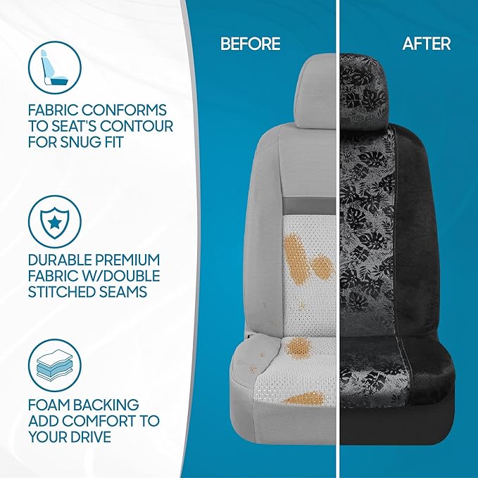 BDK Black Maui Car Seat Covers for Front Seats, 2 Pack – Tropical Pattern with Matching Headrest, Sideless Design for Easy In