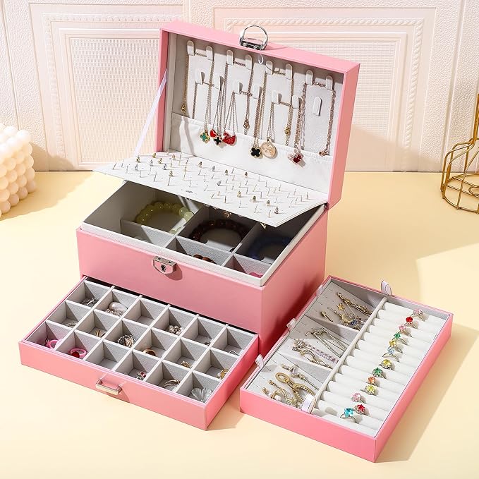 BOOVO Earring Jewelry Box For Women Girl Stud Organizer, 5 Layers Girl Jewelry Organizer Box With Lock Earring Holder Organiz